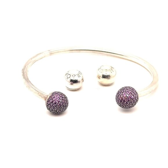 Pandora Pave Purple Cz /Silver Ball Ends Moments Cuff - Picture 1 of 4